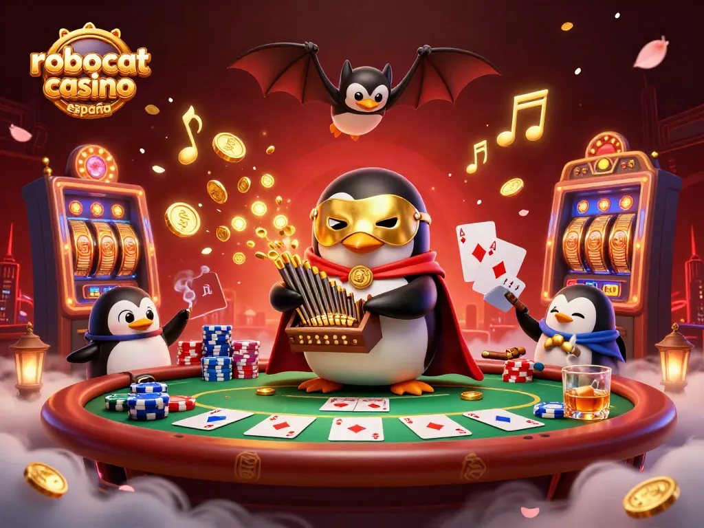 Experience the vibrant action at Robocat Casino España with a penguin and bat in this lively casino scene.