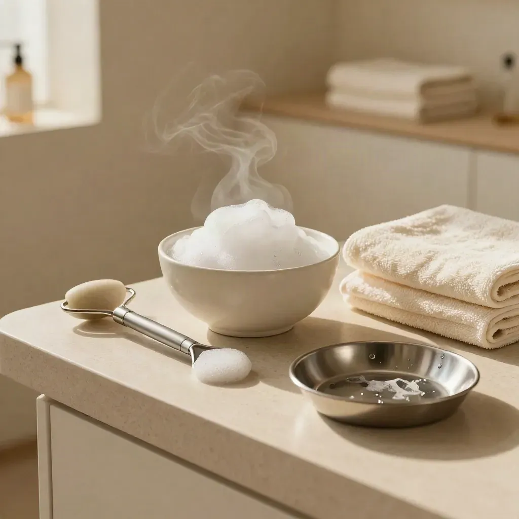 Cabina de limpieza facial con espátula ultrasónica, espuma, rodillos y toallas apiladas.
