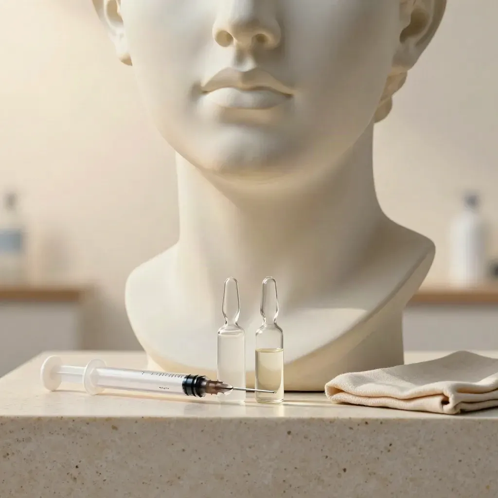 Busto de yeso con labios modelados, viales y jeringa en un plinto de travertino.