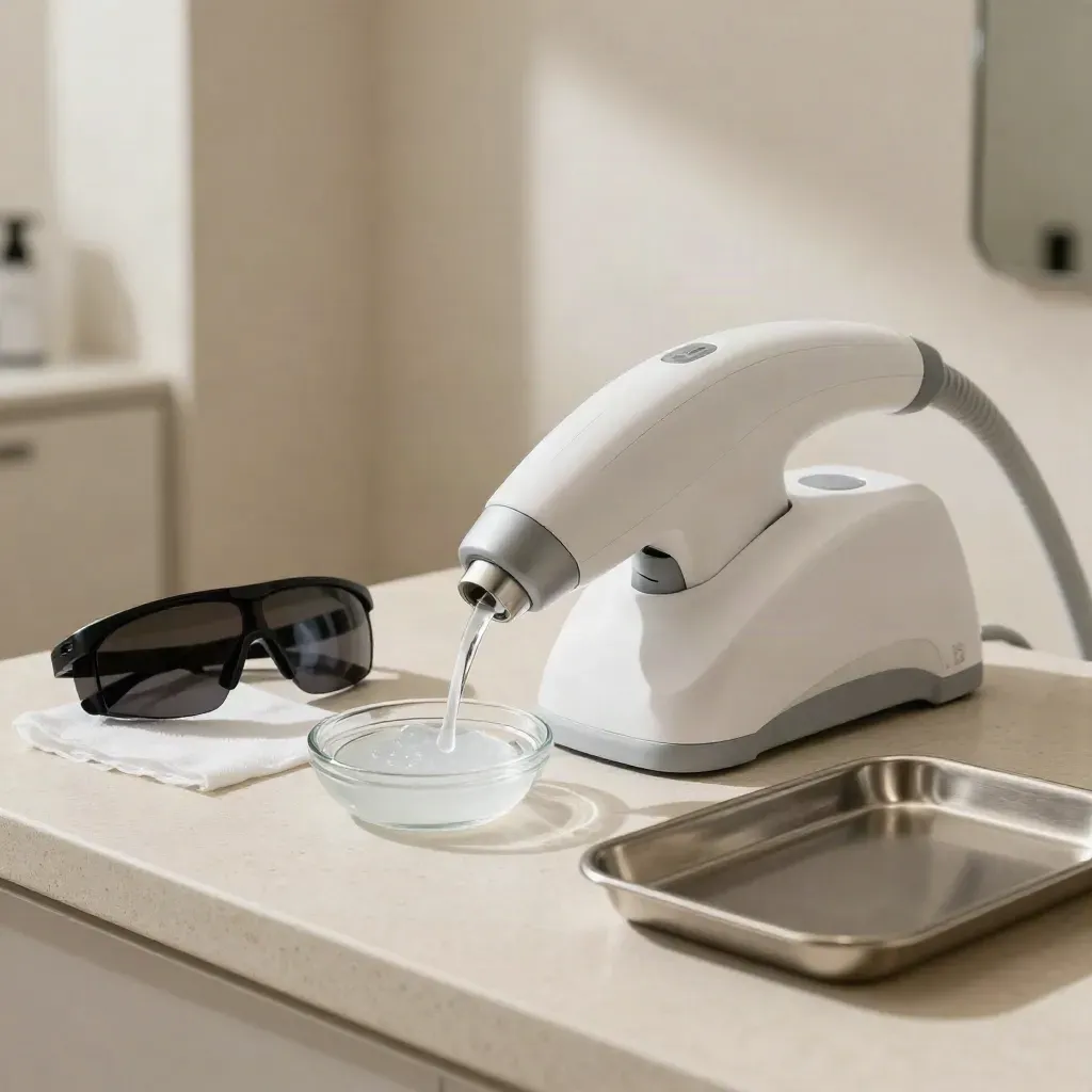 Cabezal láser blanco, gafas oscuras, gel frío y paños en una sala de depilación.