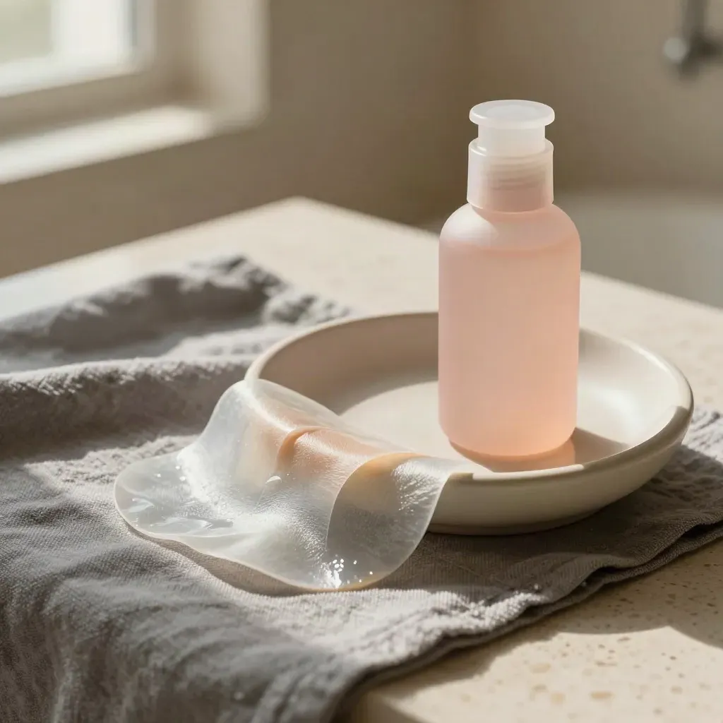 Bastidor cerámico con pads de peeling, frasco rosa opalino y paño piedra en luz suave.
