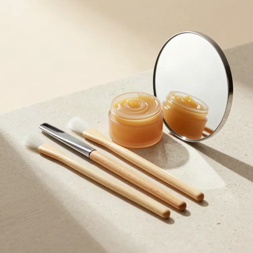 Cepillos para cejas, cera tibia y espejo inclinado sobre travertino claro, con luz suave.