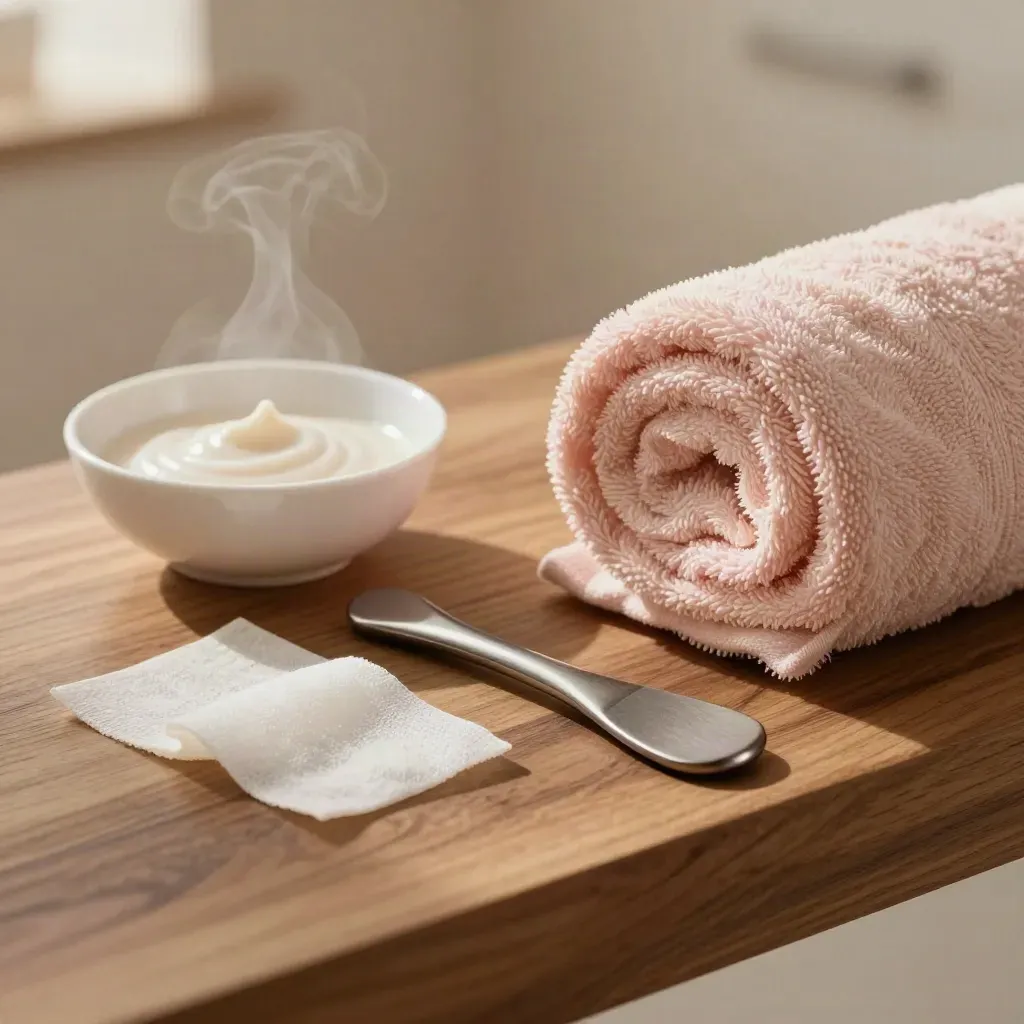 Espátula ultrasónica, crema, esponjas de celulosa y toalla enrollada sobre madera y piedra.