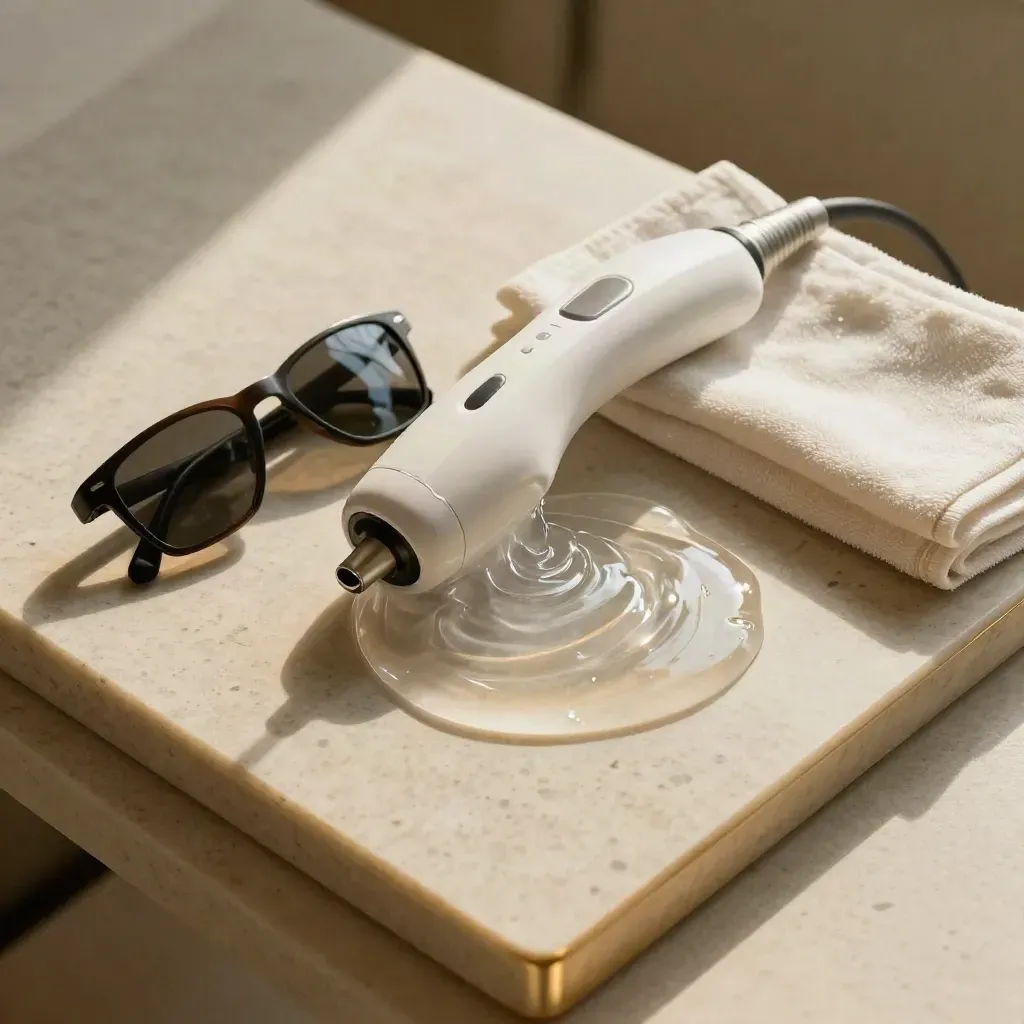 Cabezal láser blanco con gel translúcido, gafas oscuras y paño frío sobre travertino.