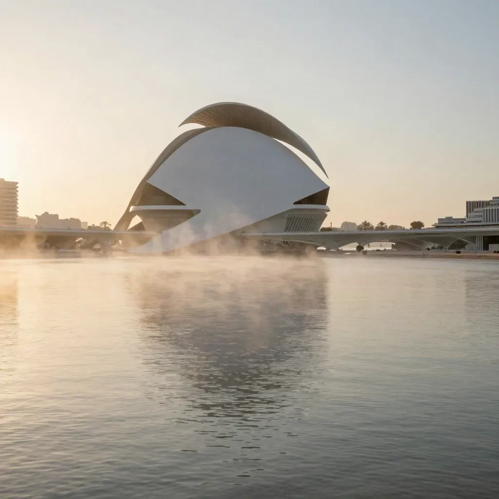 Vista litoral de Valencia con la Ciudad de las Artes y las Ciencias sobre agua en calma y niebla marina.