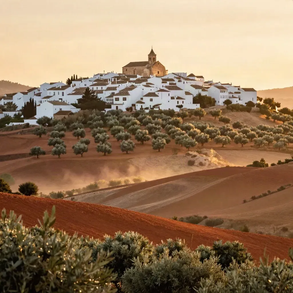 Colina de olivos y pueblo blanco en tarde dorada con tierra terracota y bruma.