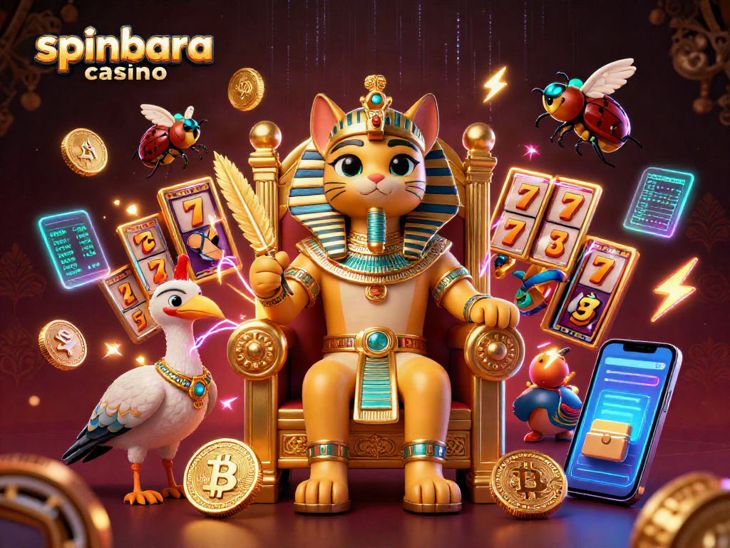 Spinbara casino showcases an Egyptian pharaoh cat and vibrant game elements like slot reels.