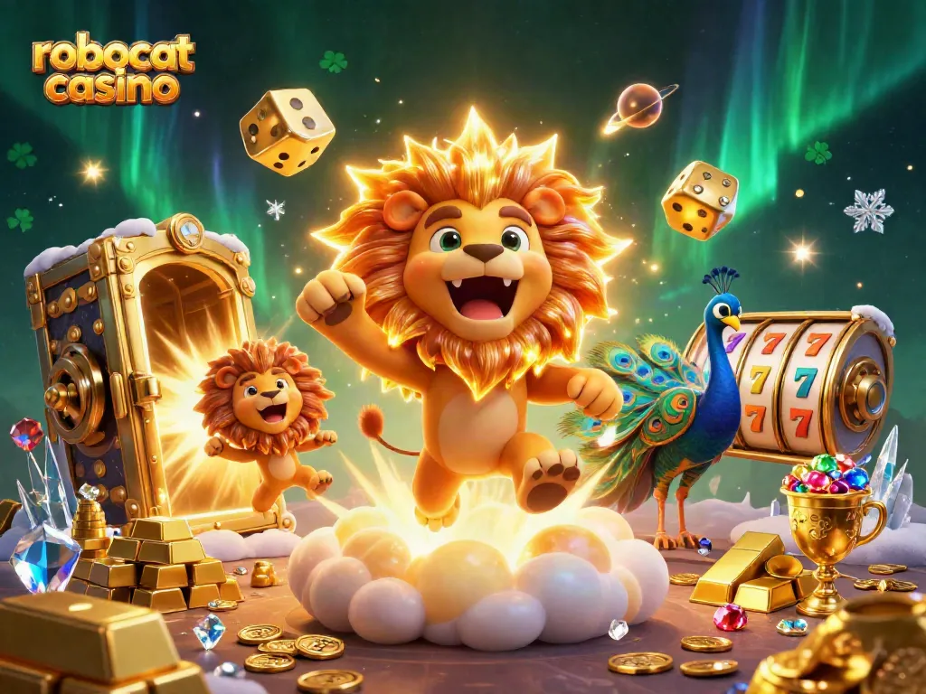 Visualize winning at robocat casino among slots and treasures in a dynamic illustration.